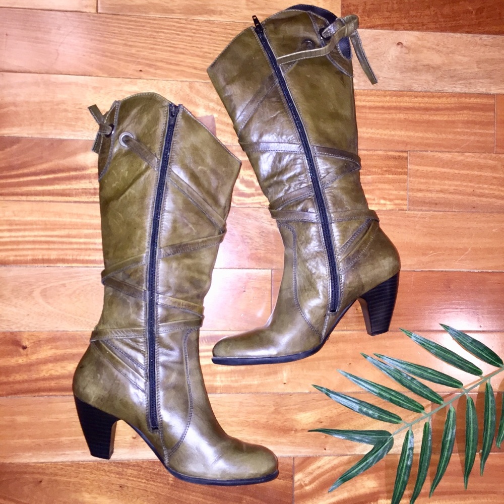 BRONX Leather Bondage Strap Lace-up Olive Boots 9